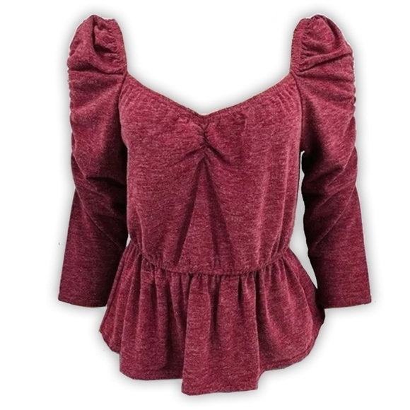 Anthropologie Moon River Peplum Top Blouse Heather Burgundy Ruched Shirred Back - Picture 12 of 16